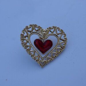 Women`s gold tone red heart brooch pin. 1 3/4 inch
